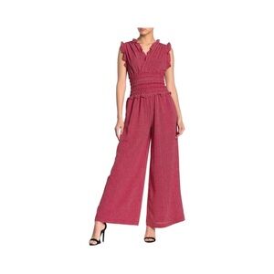 Max Studio ruffled V-neck smocked waist wide-leg crepe jumpsuit in red. NWT